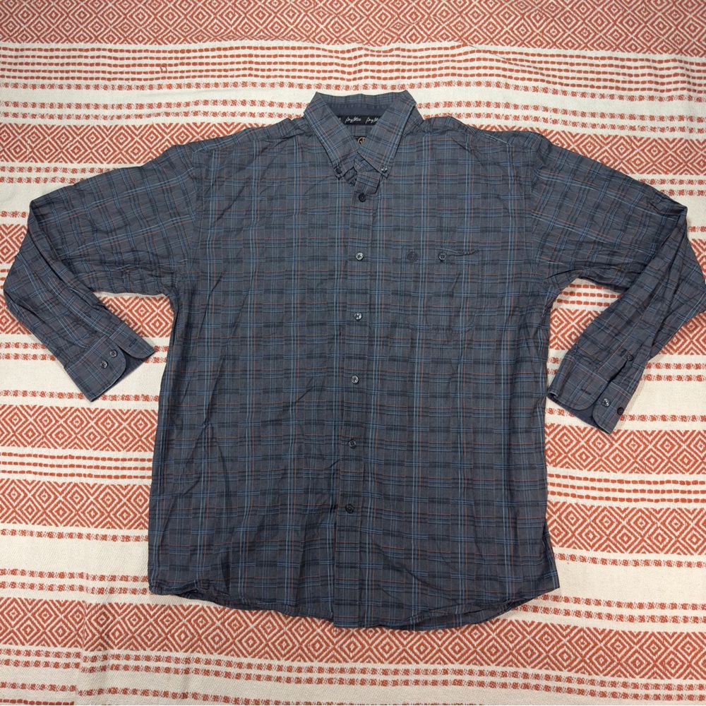 Blue Casual Button Down Shirt with Long Sleeves and Geometric Pattern